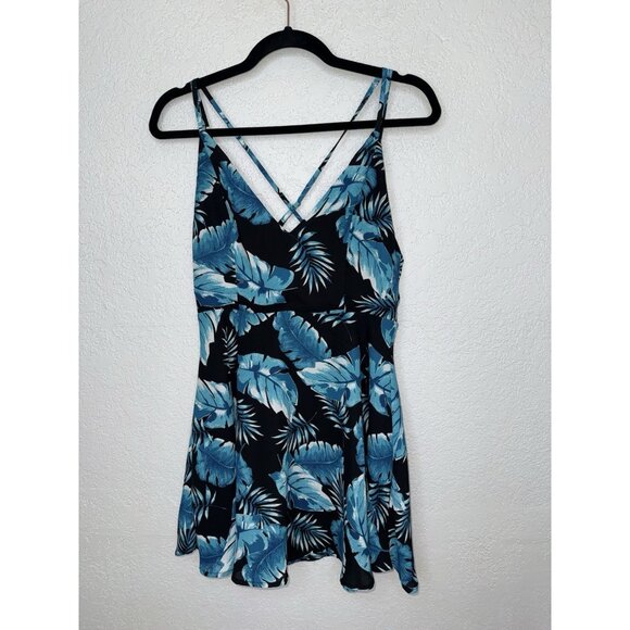 Forever 21 Tropical Mini Dress Blue Black Crossback Sexy Vacation Lined Small X1 - Picture 1 of 7